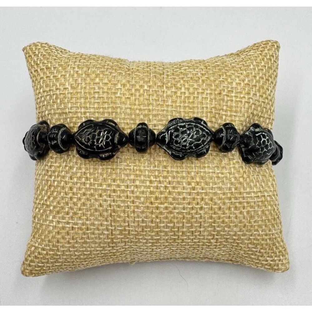 Black Stone Glass Sea Turtle Bead Boho Beachside‎ Bracelet 14k GF Lobster Clasp